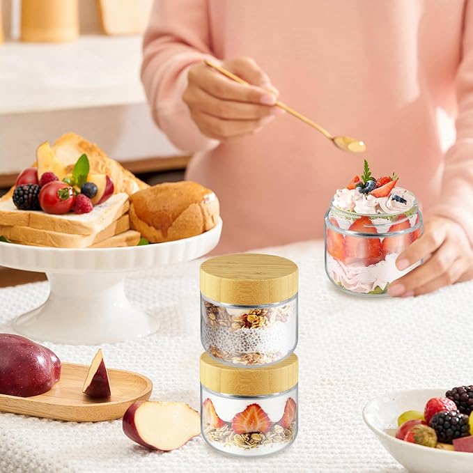 Wresty Empty Clear Glass jars with Airtight Lids Overnight Oats Containers Glass Food Storage Containers Glass Mason Jars For Yogurt Snacks Spice Sugar Jam And More (3 Pcs Bamboo Lids, 300ml/10oz)