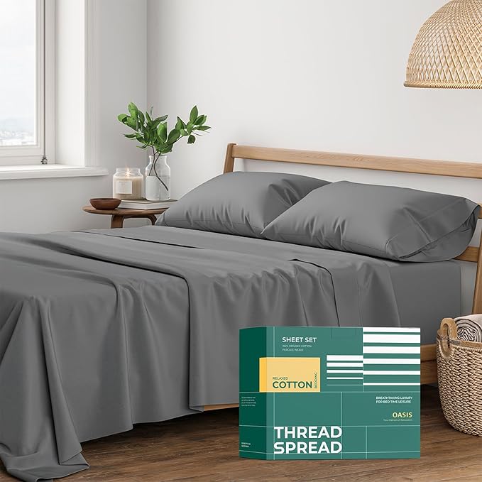 THREAD SPREAD 100% Organic Cotton Sheets California King Size - 4 PC Organic Cotton Cal King Size Percale Weave Sheet Set, Soft, Cooling & Crisp, 16" Deep Pocket Hotel Quality Bedding Set - Dark Grey