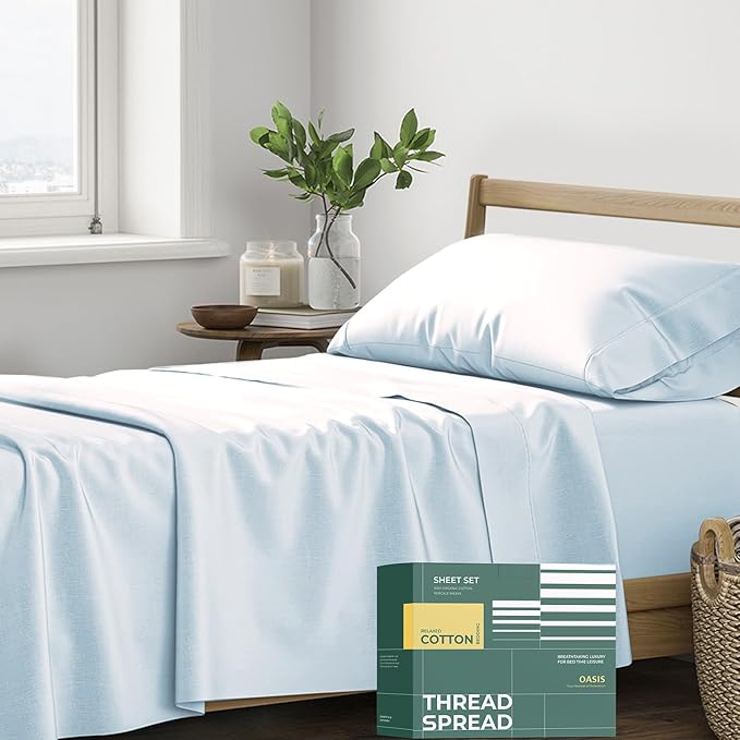 THREAD SPREAD 100% Organic Cotton Sheets Twin Size - 3 PC Organic Cotton Twin Size Percale Weave Sheet Set, Soft, Cooling & Crisp, 16" Deep Pocket Bedding Set for Dorm Room - Light Blue