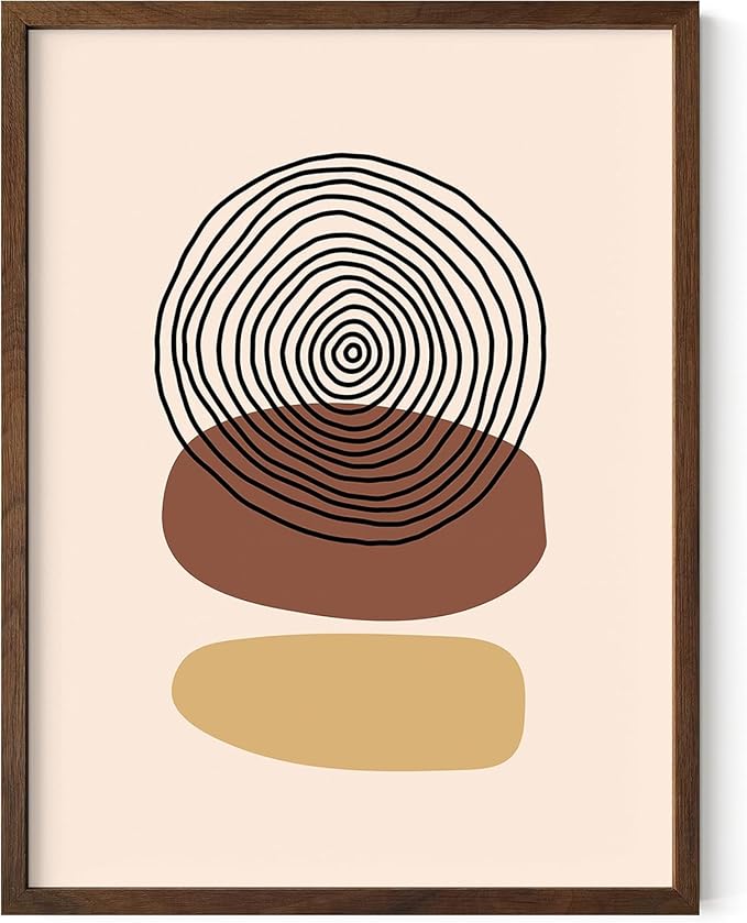 Boho Abstract Wall Art Minimalist Stacked Stones Circles Earth Tones Terracotta Mid Century Modern 12x16 Inch Oak Wood Walnut Framed Zen Meditation Print for Living Room Office Decor