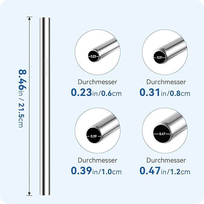 4-Pack Stainless Steel Straw Set - 215mm (8.5") Length, 6/8/10/12mm (0.24"/0.31"/0.39"/0.5") Diameters - Fits Coffee, Smoothies & All Cup Sizes - Reusable & Dishwasher Safe(Beige)