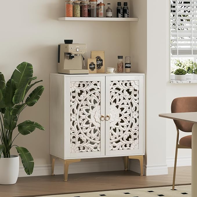 JOINICE 31.5" White Accent Cabinet with Carved Doors & Storage, Set of 2 | Carved Floral Design, Boho, Versatile Storage for Living Room & Bedroom & Hallway & TV Stand, Adjustable Shelf, Easy Assembly
