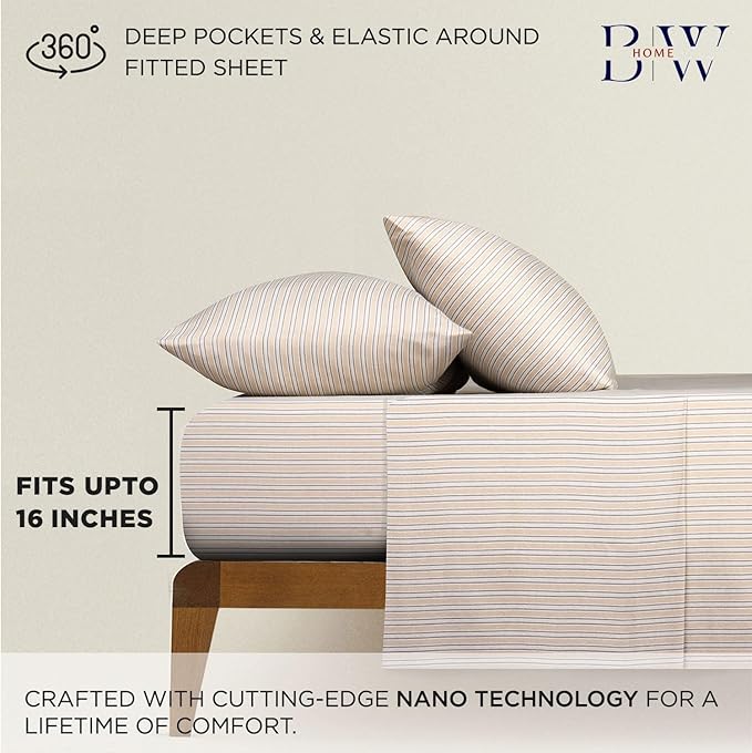 Briarwood Home® Printed Flannel Sheet Set, 100% Natural Cotton, Soft, Warm & Deep Pocket, Advanced Nano-Tech Making it Resistance to Pilling; Brushed 6 Times for Softness (Oak Stripes, King)