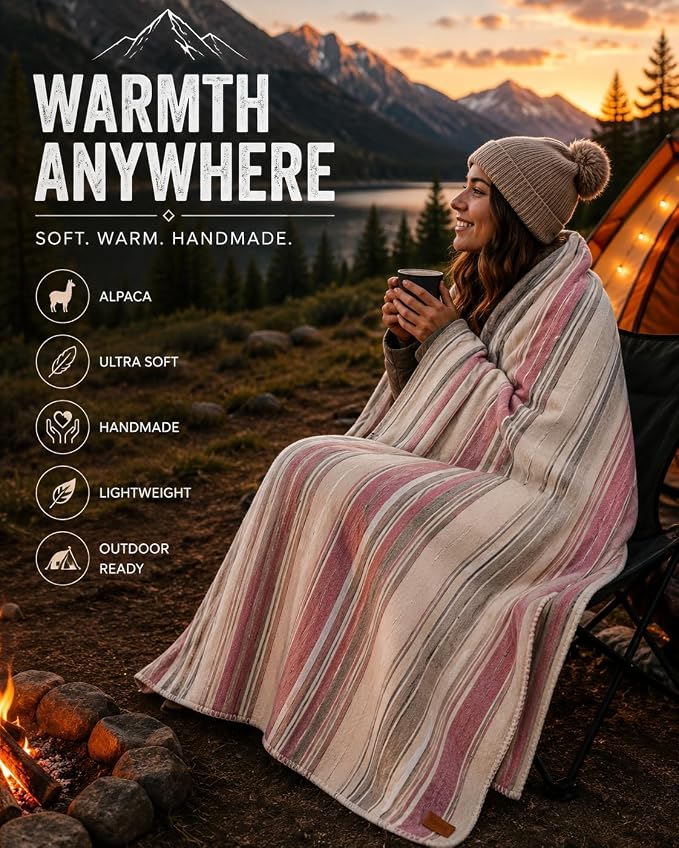 Alpaca Wool Throw Blanket, Rosé Stripes, Queen 95" x 65" | Ultra-Soft, Warm & Breathable, Hypoallergenic, Non-Itchy Alpaca Fabric, Lightweight for Couch, Bed & Travel