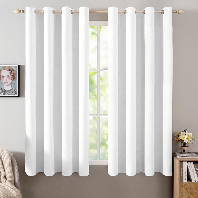 MIULEE Linen Textured Curtains for Bedroom Solid 100% Blackout Thermal Insulated Bright White Grommet Room Darkening Curtains & Drapes Luxury Decor for Living Room 52 x 63 Inch (2 Panels)