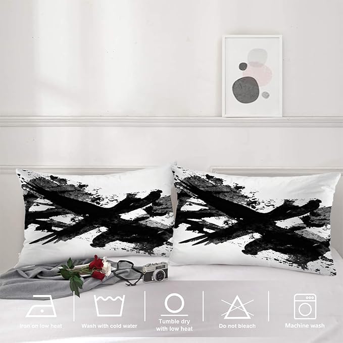 Shrahala Ink Black Hand Painted Pillowcases, Graphic White Brush Stroke Lumbar Pillow Cover Decorative Blended Double-Sided No Inserts for Bedroom Sofa Living Room Set of 2 (26 X 20 in)