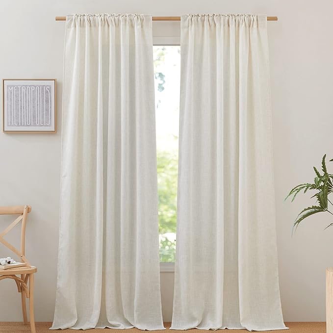 NICETOWN Linen Burlap Curtains 135 inches Long 2 Panels, Rod Pocket & Back Tab Natural Linen Blend Semi Sheer Window Treatments Privacy with Light Filtering for Bedroom/Living Room, W52 x L135