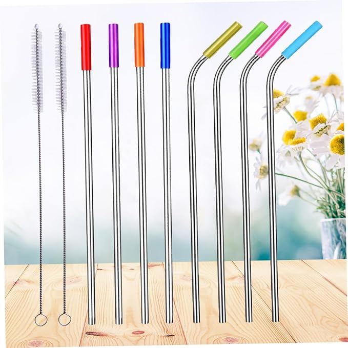 8-Piece 304 Stainless Steel Reusable Drinking Straws Set with Food-Grade Silicone Tips Curved and Straight Straws for Smoothies Cocktails and Juices