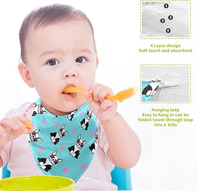 Baby Funny French Bulldog Muslin Washcloths 3 Pack - Muslin Burp Cloths Hanky Large 11.8"X11.8" Extra Soft Absorbent Baby Burp Rags for Newborn 100% Cotton for Boys Girls Gift