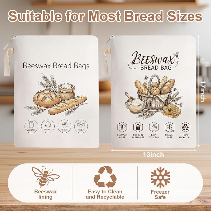 Beeswax Bread Bags 2 Pack Reusable Cotton Sourdough Storage Eco | L-zipper opens wide for easy loading. Beeswax coating keeps bread fresh. Washable, freezer-safe. 2 designs.