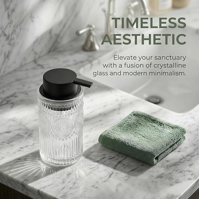 Clear Glass Foaming Hand Soap Dispenser with Matte Black Pump Decorative Thick Embossed Bottle Refillable for Bathroom and Kitchen 12 fl oz