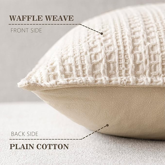 Foindtower Set of 2 Decorative Cotton Waffle Weave Throw Pillow Covers Euro Shams Cushion Covers Accent European Pillowcase for Bed Couch Sofa Bedroom Living Room Home Decor 18×18 Inch Natural Beige