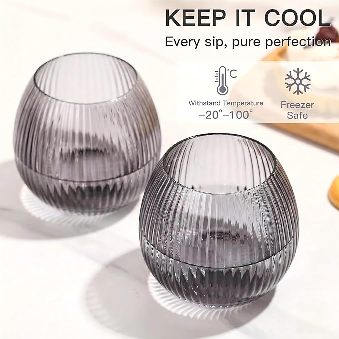 JOVGANK Grey Ribbed Drinking Glasses Set of 6-10.8 OZ Stemless Wine Champagne Whiskey Cocktail Glass, Reusable Wine Cups for Home Party Wedding Bar