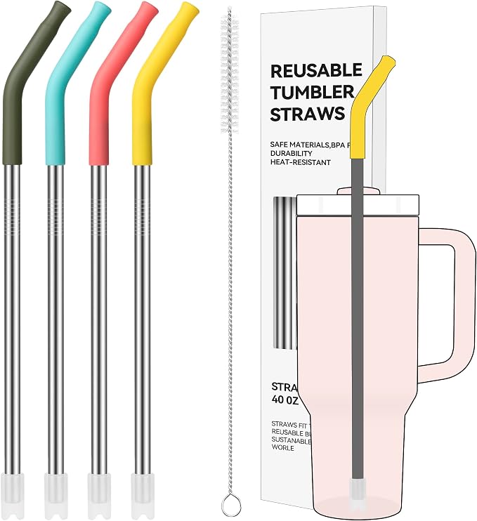 40 oz Straight Metal Straws for 40 oz Stanley Tumbler | 6 Pcs Stainless Steel Reusable Drinking Metal Straw with Colourful Silicone Tips,Straw for Glass Cups, BPA FREE