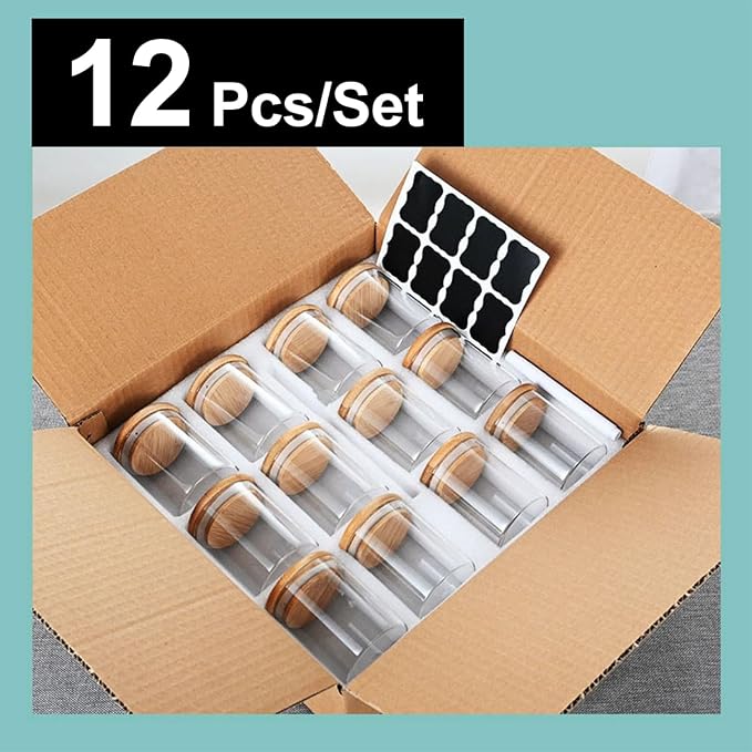 12PCS Glass Airtight Food Storage Jar with Bamboo Lids Glass Jar Kitchen Canisters for Pasta, Rice, Flour, Sugar