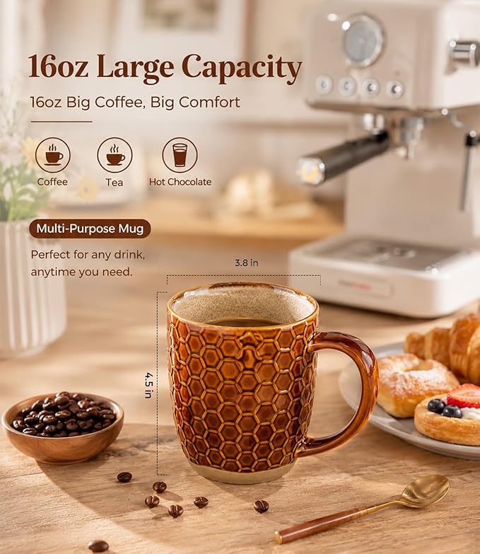 GBhome Large Coffee Mugs Set of 4, 16oz Handmade Embossed Coffee Mugs Set with Large Handle for Cappuccino/Latte/Tea/Hot Cocoa, Dishwasher & Microwave Safe, Caramel