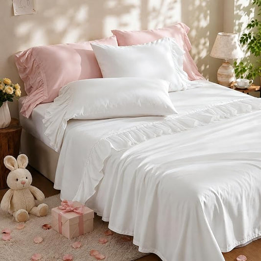 Simple&Opulence 100% Organic Cotton Sheet Set, Long Ruffle Bed Sheets (1 Flat Sheet, 1 Fitted Sheet and 2 Pillowcases) Elegant Shabby Chic Bedding Farmhouse Charming Vintage - White, Queen