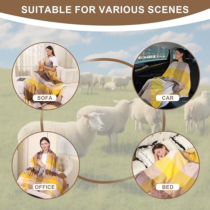 100% Wool Blanket Throw,Yellow Plaid Wool Blanket with Compact Bag,Rustic Soft Lightweight Blanket for Couch,Sofa,Bed & Lounging Decoration,Warm Travel Blanket for Home, Airplane,Ideal Gifts 55"x83"