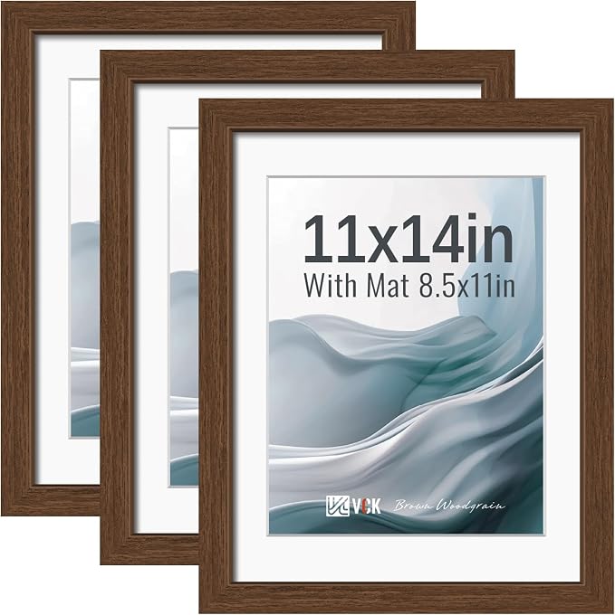 VCK 11x14 Picture Frames Brown 3 Pack, Wide Border Wood, Tempered Glass, Display 8.5x11 Photo with Mat or 11 x 14 without, for Home, Office, Gallery, Woodgrain Series, Wall Hanging