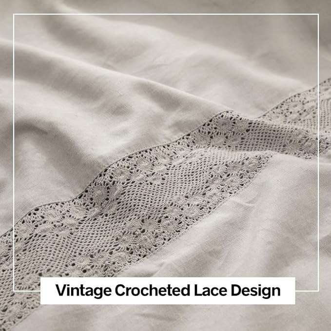 BISELINA Linen Duvet Cover Set 3pcs French Vintage Crocheted Lace Flax Cotton Blend Solid Color Shabby Chic Boho Luxury Farmhouse Bedding (Queen, Lace Grey)