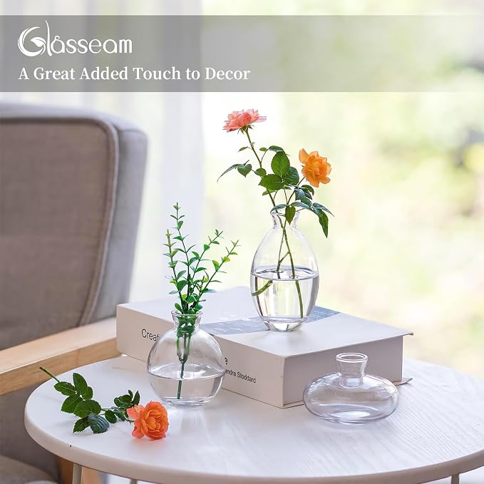 Glasseam Clear Glass Bud Vase, 3Pcs/Set Modern Decorative Small Mini Flowers Vases Short Minimalist Aesthetic Home Decor Vintage Cute Handmade Tiny Wedding Table Centerpieces for Single Flower Rose
