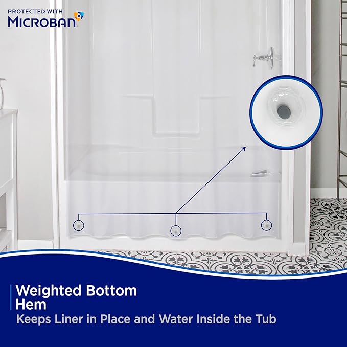 Kenney MB61160PK2 Microban Protected Medium Weight 4.8G Waterproof PEVA Shower Curtain Liner with Rust-Resistant Metal Grommets and Weighted Magnetic Hem for Bathroom, 70" W x 72" H, Clear, 2-Pack