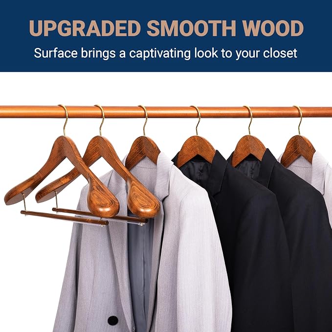 Amber Home 6 Pack Wide Shoulder Vintage Wooden Suit Hangers, Antique Wood Coat Hangers with Non Slip Pants Bar, Clothes Hangers for Jackets, Sweaters, Pants & Heavy Clothes (Vintage)