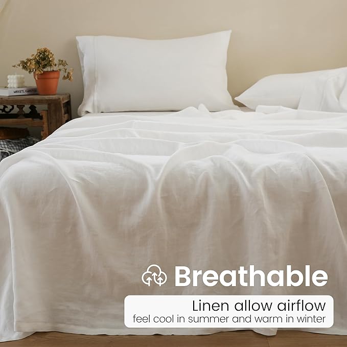 100% French Linen Pillowcases with Embroidery - Pack of 2 - Washed Solid Color Natural Flax Soft Breathable - White, 20'' x 30''