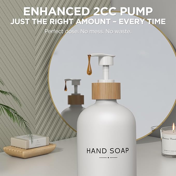 Hand and Dish Soap Dispenser Set,16oz Glass Bottles with Bamboo Pumps & Tray,Countertop Soap Dispensers for Kitchen,Luxury, Minimalist & Farmhouse Decor