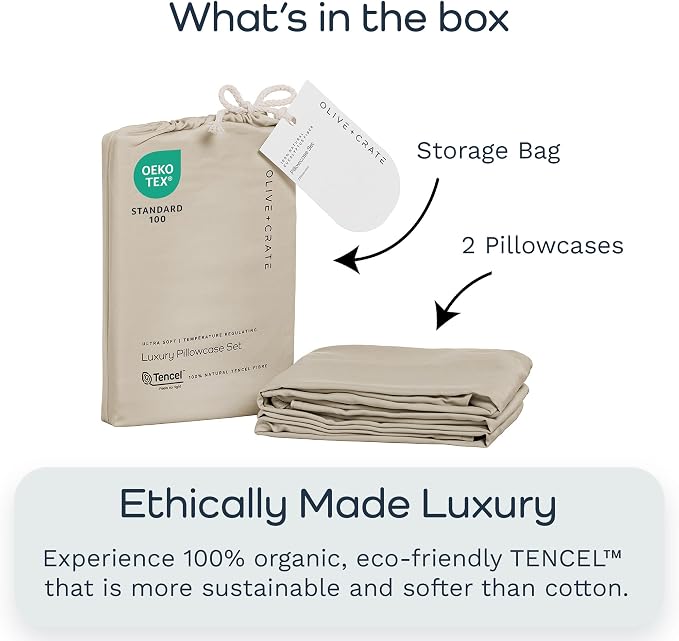 Olive + Crate Tencel Eucalyptus Pillowcases - 100% Tencel Lyocell Cooling Pillow Cases for Hot Sleepers - Hypoallergenic, Moisture-Wicking, Silk Alternative, Vegan - Standard Size Set of 2 - Beige