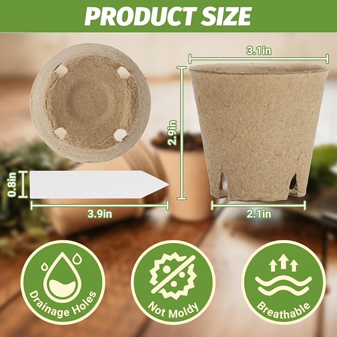 60Pcs 3.1 Inch Peat Pots - Nursery Pots with Drainage Holes for Seedlings - Biodegradable Seed Starting Pots with 60Pcs Plant Labels for Garden Plants