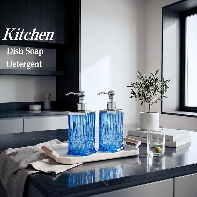 2 Pack 10 Oz Glass Soap Dispenser with Rustproof Stainless Steel Pump,Blue Square Textured Refillable Hand Soap Dispenser with Vertical Fluting for Lotion, Soap,Body Wash, Kitchen & Bathroom Organizer