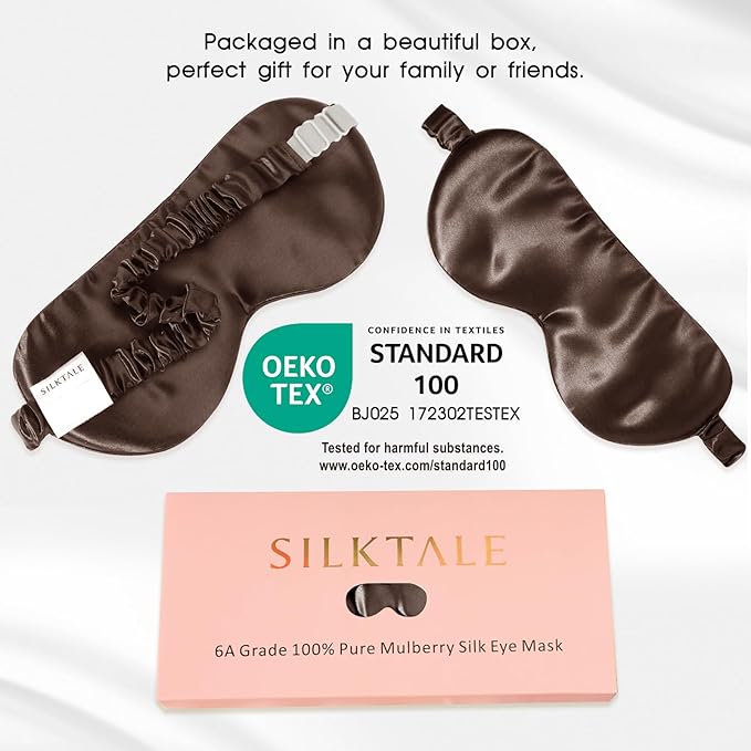 100% Mulberry Silk Eye Mask for Sleeping with Silk Wrapped Adjustable Strap,Brown