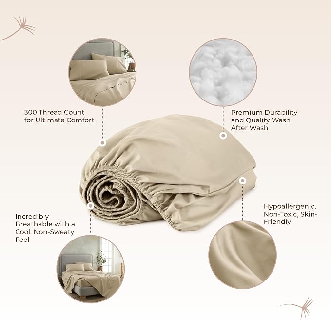 Organic King Fitted Sheet Only Deep Pocket - 100% Organic Cotton Sheets with Breathable 300 Thread Count Sateen Weave GOTS & Fairtrade Certified - Soft Fitted Bed Sheets Only (Dune, King)