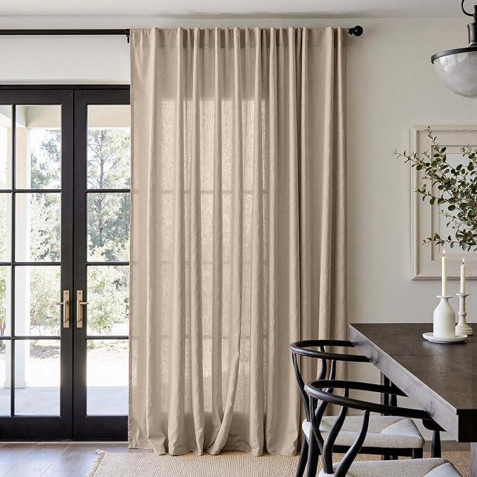 jinchan Extra Wide Sliding Door Curtain 96 Inch Length Taupe Linen Curtains Semi Sheer Drapes for Patio Door Living Room Bedroom Home Office Light Filtering Drapes 100 Inches Wide 1 Panel