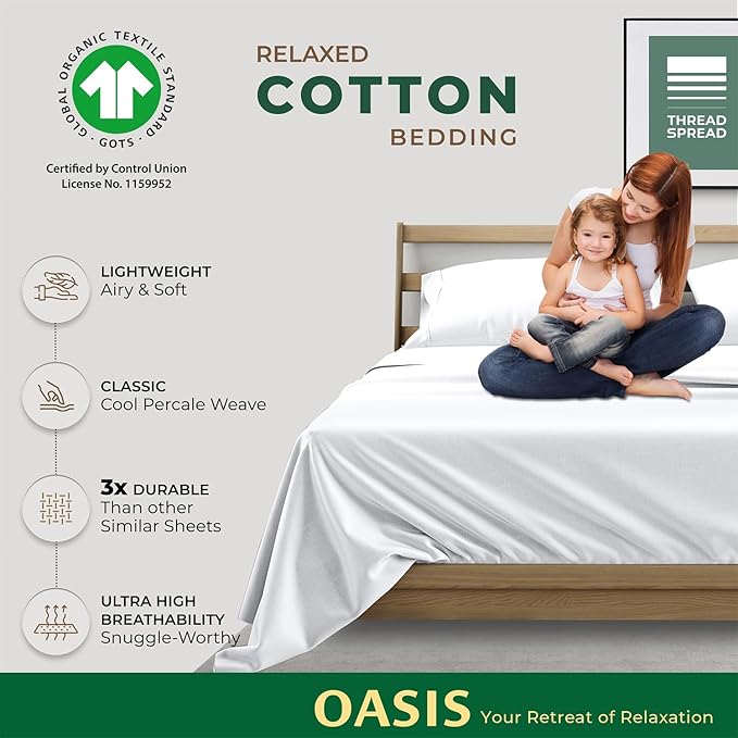 THREAD SPREAD 100% Organic Cotton Sheets - Organic Cotton Percale Weave Sheet Set, Soft, Cooling, Crisp & Breathable, 16" Deep Pocket Hotel Quality Bedding Set - 4 PC, King White