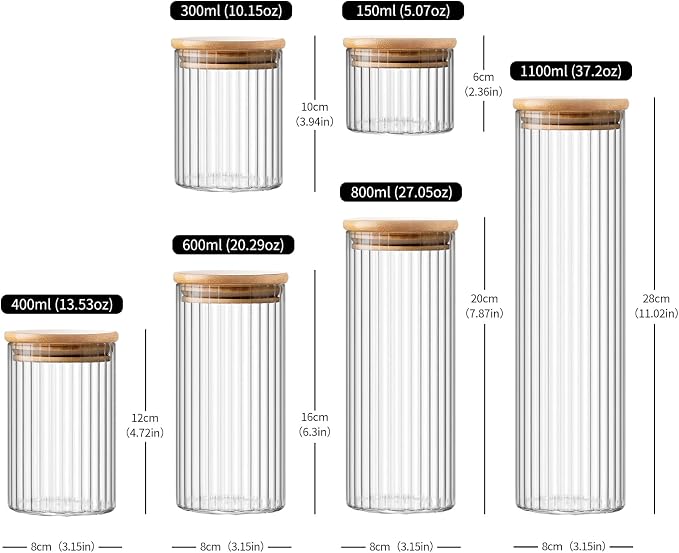 Glass Jars with Lids - Clear Kitchen Food Canisters - Stacable Glass Jars with Bamboo Lids - Airtight Canister Set for Pasta,Spaghetti,Coffee,Beans