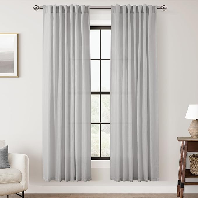 Linen Blend Grey Curtains for Living Room Back Tab Modern Farmhouse Semi Sheer Light Gray Curtains 72 inches Long 2 Panels Set Muted Neutral Cotton Texture Window Curtain for Dining Room Bedroom