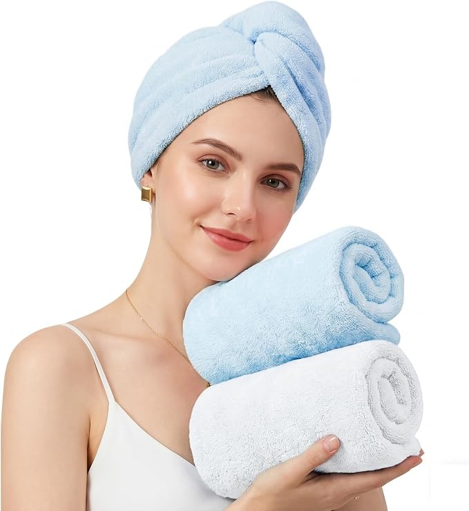 Mandydov 100% Cotton Hair Towel Wrap for Women, 2 Pack Thickened & Super Absorbent Turbans, Anti Frizz Quick Dry Hair Towels (White, Blue)
