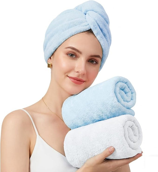Mandydov 100% Cotton Hair Towel Wrap for Women, 2 Pack Thickened & Super Absorbent Turbans, Anti Frizz Quick Dry Hair Towels (White, Blue)