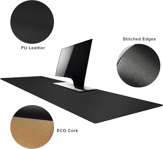 MAIDERN 40' x 16' Cork & Leather Desk Pad, XXL Reversible Gaming Home Office Mat (Black)