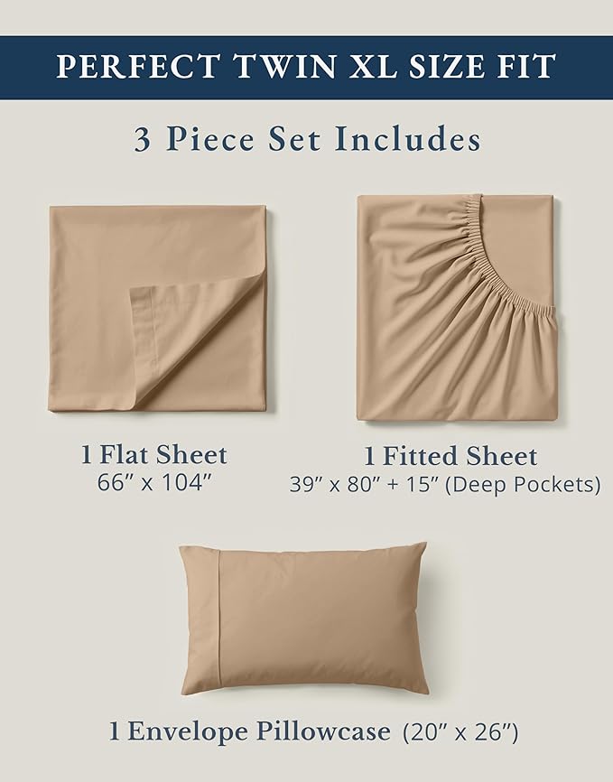 LANE LINEN 100% Organic Cotton Twin XL Sheets Set, Fully Elasticized Bed Sheets Set Twin XL Size Perfetct for Hospital beds, Deep Pocket Soft & Comfy Sheets Set Twin XL Size-Taupe