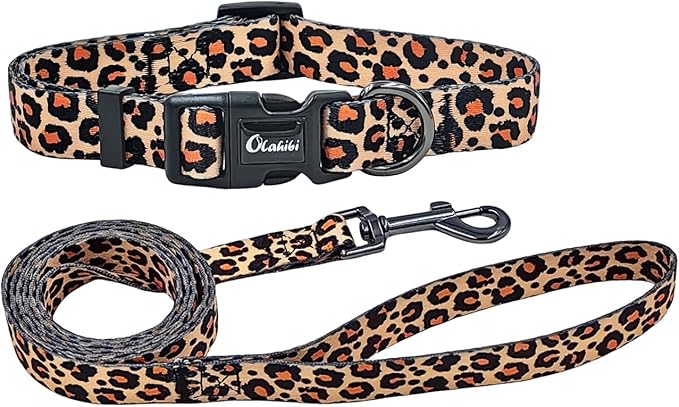Dog Collar Leash Set, Leopard Pattern, Polyester Material, Adjustable Collar and 5ft Matching Leash, for Medium Dogs.(M, Yellow Leopard)