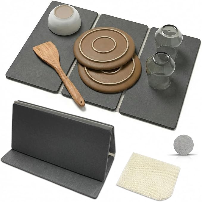 Sisher Large Stone Dish Drying Mat For Kitchen Counter,Quick Dry Diatomaceous Earth Drying,Water Absorbing,Easy To Store,Foldable For Dish Racks, Bottles, Cups, And Cutlery.(24" × 16" Dark Gray)
