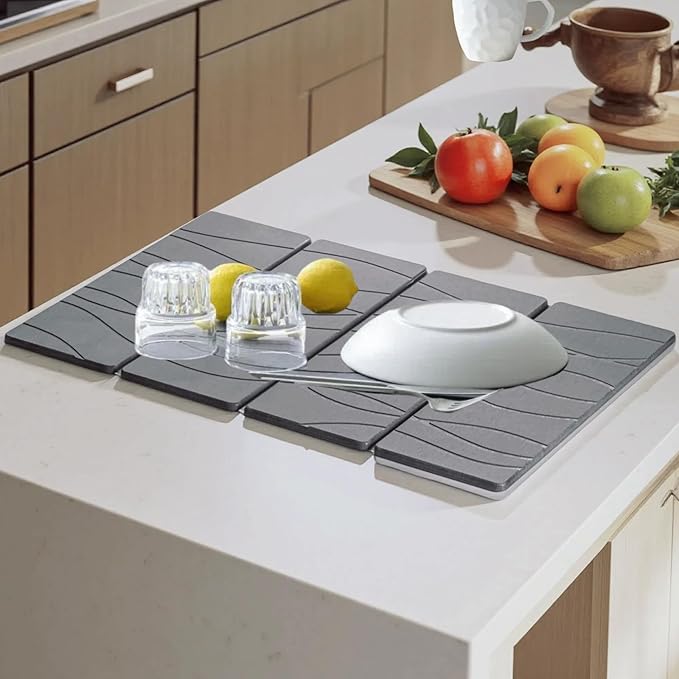 Large Stone Dish Drying Mat for Kitchen Counter, 24"×16" Quick Dry Super Absorbent Diatomate Earth Stone Mat Foldable, Kitchen Stone Mat Non-slip, Heat Resistant, Multi-purpose Mat Grey