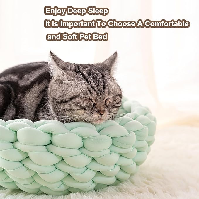 Woven Dog Bed Basket, Knitted Cotton Cat Bed Round Washable Woven Cat Pet Bed Chunky Dog Basket, Orthopedic, Chunky Knit Dog Nest,Dog Bed,Dog Cave,Dog Bedding(Green,21")