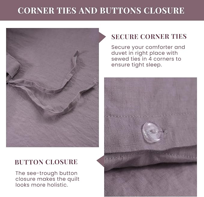 S VICTORY SYMBOL 100% Organic Linen Duvet Cover Set 3PCS King Size,Pure Natural French Flax Bedding,1 Comforter Cover and 2 Pillowcases,Farmhouse Bedding Set(Dusty Purple)
