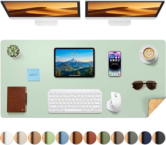 Aothia Cork Desk Mat - Dual-Sided Extra Large Desk Pad & Keyboard Mat, Long PU Leather Desk Protector, Waterproof Desktop Blotter (47" x 17", Aqua)