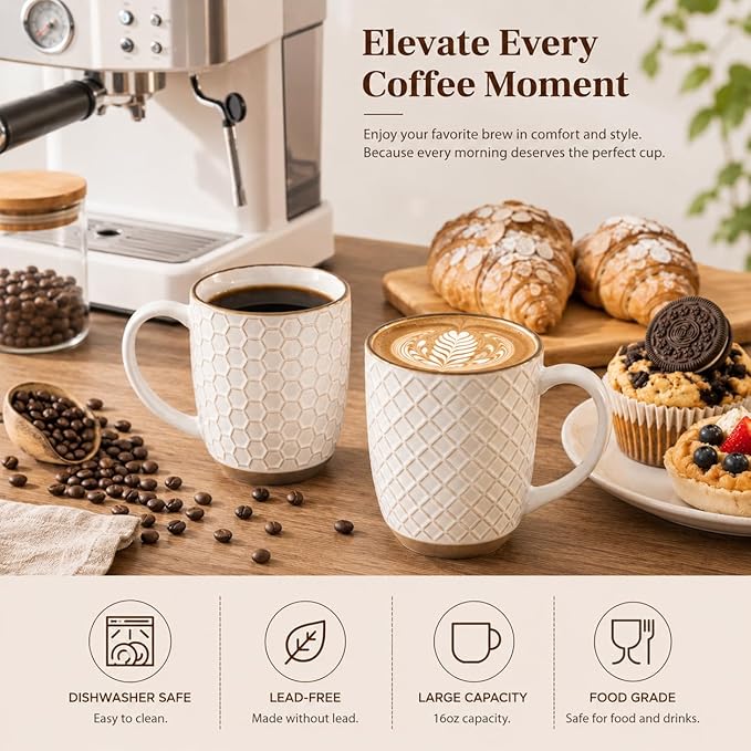 GBhome Large Coffee Mugs Set of 4, 16oz Handmade Embossed Coffee Mugs Set with Large Handle for Cappuccino/Latte/Tea/Hot Cocoa, Dishwasher & Microwave Safe, Off White