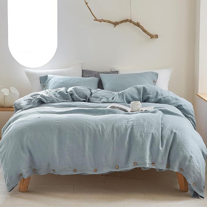 Simple&Opulence 100% Linen Duvet Cover Set 2pcs with Coconut Button Closure Natural French Washed Flax Solid Color Soft Breathable Farmhouse Bedding - Dusty Blue, Twin Size